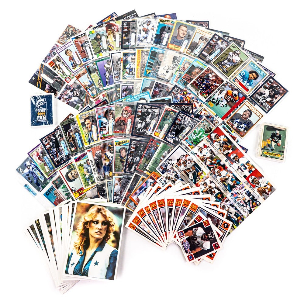 (180) Assorted Autographed NFL Football Cards &++: Collection boasts (180) assorted NFL autographed football cards spanning from the 1970s to 2010s in assorted condition most VG-EX +/-. Some names included are Craig Coloquit, Todd Christensen, Chuck B