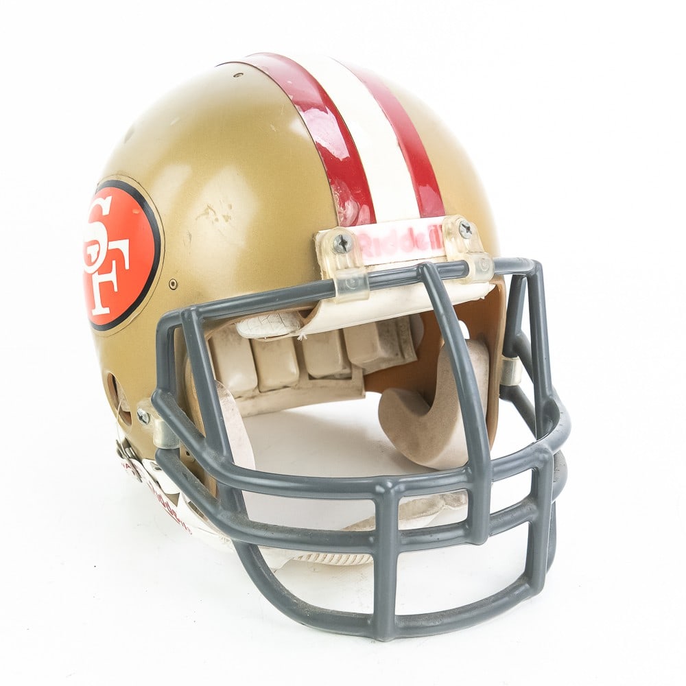 Vintage San Fran 49ers Full Size Riddell Helmet: Vintage San Francisco 49ers full size Riddell helmet in good overall condition with some age and wear with minor cosmetic imperfections. Perfect addition to your collection, please use photos to judge