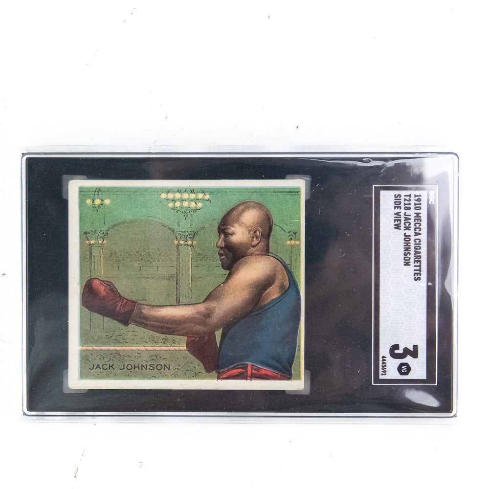 1910 Mecca Cigarettes T218 Jack Johnson SGC 3: 1910 Mecca Cigarettes T218 Jack Johnson Side "Prize Fighter" View, slabbed and graded SGC 3 VG. A Must have for ANY Collection, please use photos to judge condition and bid accordingly.