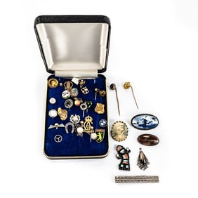 (2)10k Stick Pins (25) Stick Pins Sterling Brooch+