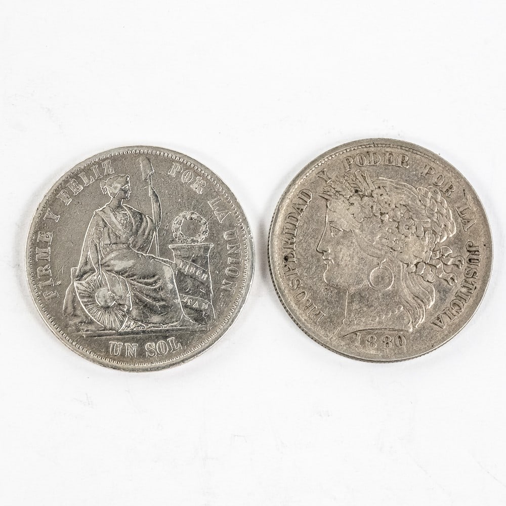 1880-B Peru 5 Pesetas w Dot & 1894 Peru Y22 Un Sol (1 of 5)