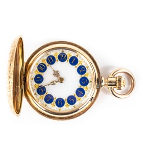 E. Roberts Cat Enameled Fancy Dial Pocket Watch