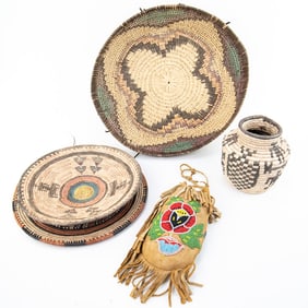 4 Native American Woven Baskets & Beaded Pouch