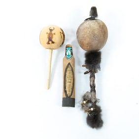 2 Native American Rattles& Corn Doll Contemporary