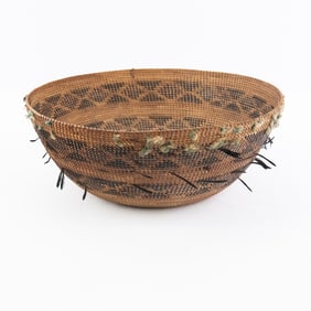 1920s Yokuts Rattlesnake Basket w/Quail Decor
