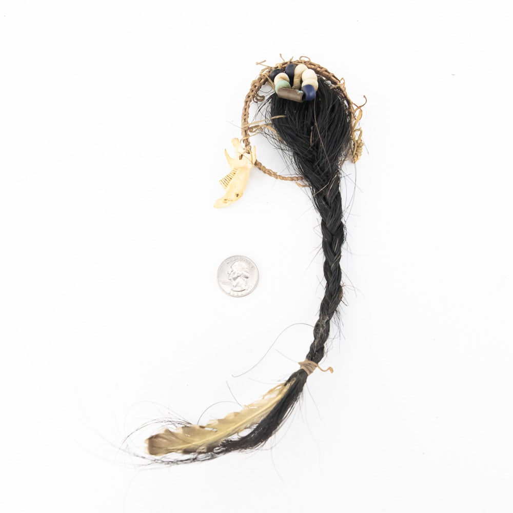Native American Scalp Lock Drop: This intriguing piece appears to be a contemporary or vintage interpretation of a Native American style hair roach drop or dance ornament, sometimes also called a scalplock drop. These items are often