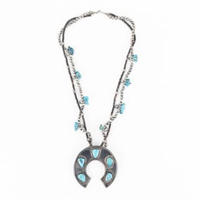 Antique Silver & Turquoise Squash Blossom Necklace