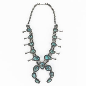 E Yazzie Silver &Turquoise Squash Blossom Necklace