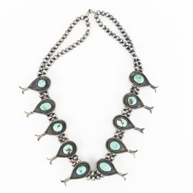 24" Sterling & Turquoise Squash Blossom Necklace