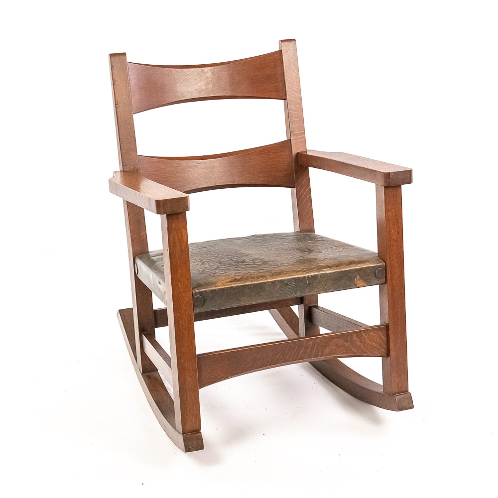 Charles Limbert-Style Oak Rocker: This is a quintessential piece of American Arts and Crafts furniture, very much in the manner of the Charles P. Limbert Furniture Co. of Grand Rapids and Holland, Michigan, circa 1905-1915. Limbert's
