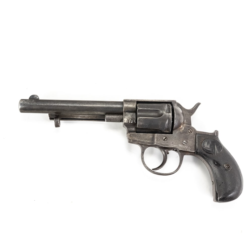 Belgian Liege Revolver (c) 17: Belgian Liege Revolver from the late 19th or early 20th century. This double-action revolver features a 5-inch, rifled barrel and a 5-shot cylinder. The frame is solid and the surface exhibits a heavy