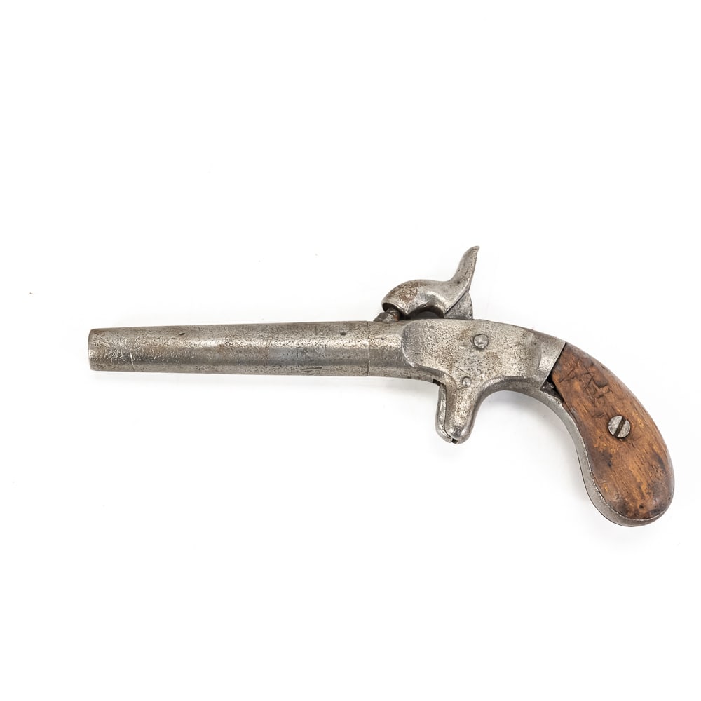 Ethan Allen style, percussion pocket pistol: Single shot, Ethan Allen style, percussion “pocket” pistol. A true piece of American frontier history, this style of pistol is characteristic of many inexpensive or "bootleg" firearms produced dur