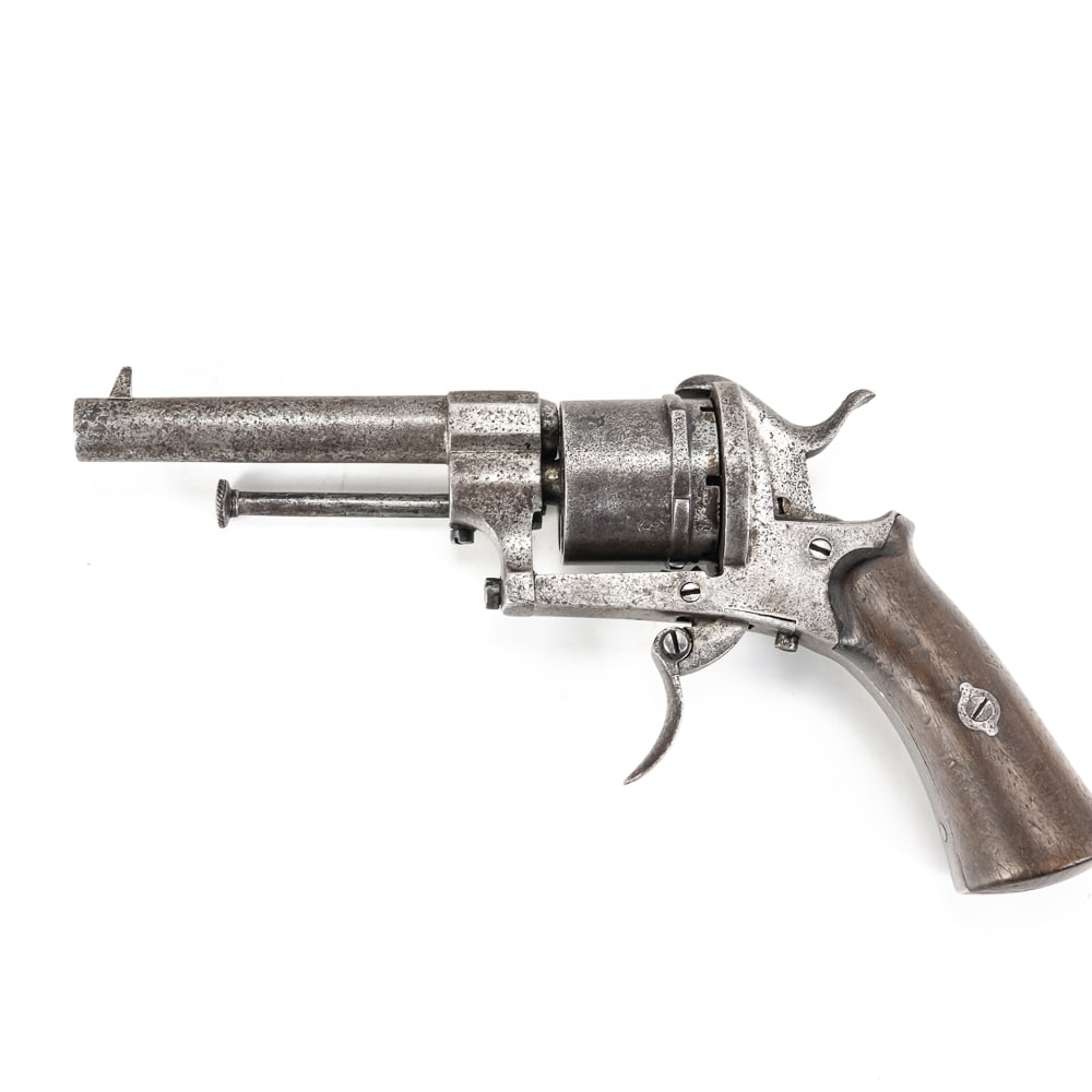 Belgium, folding trigger, pinfire revolver.: Belgium made, folding trigger, pinfire revolver. The pinfire cartridge was one of the first successful self-contained cartridges in history, and the pistol saw use in Europe and the United States duri