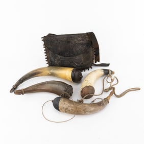 4 Antique Powder Horns, Leather Pouch