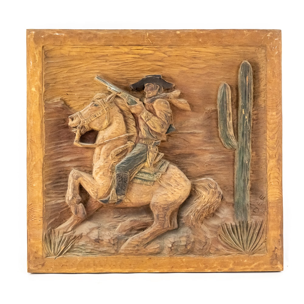 Dee Flagg Mounted Cowboy W/Rifle Wood Carving: This is a magnificent example of a hand-carved wood wall plaque by the renowned Western folk artist Dee Flagg (1922-1999), one of four up for auction, and carved in 1947. Flagg, one of Scottsdale's mo