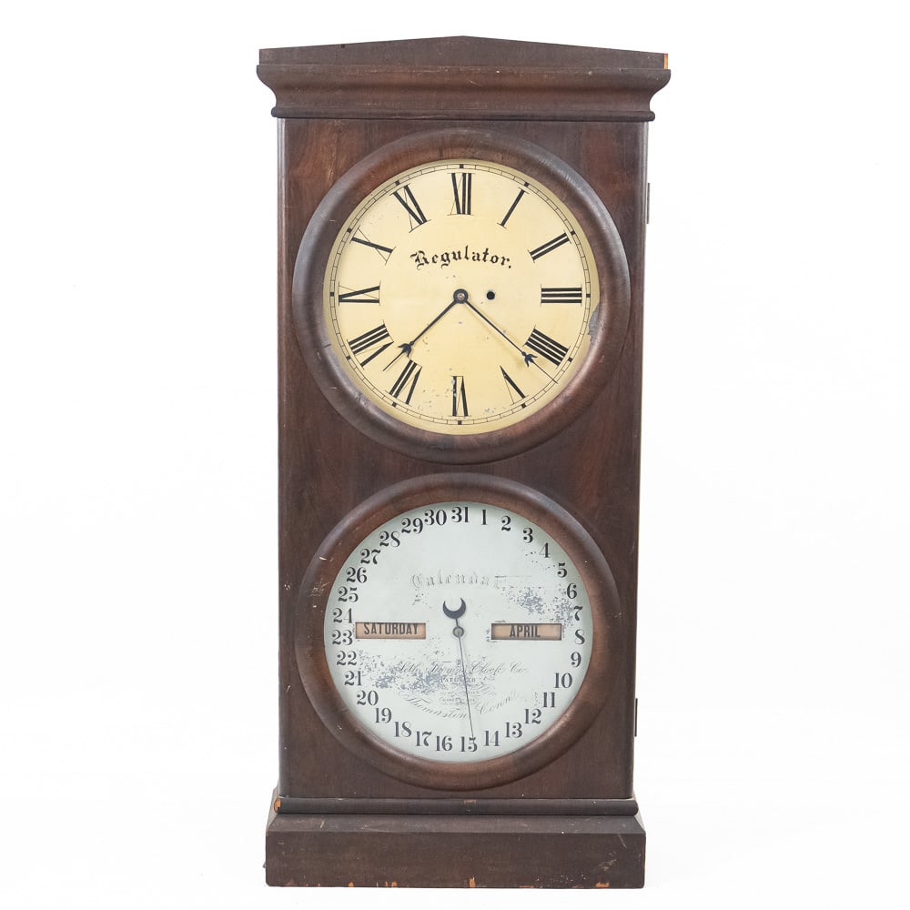 Seth Thomas Regulator Calendar Clock 1862: This is a fantastic example of an American-made calendar clock, specifically a 'Regulator' model, likely from the Seth Thomas Clock Co. or a similar period manufacturer like Terry or Atkins, given the