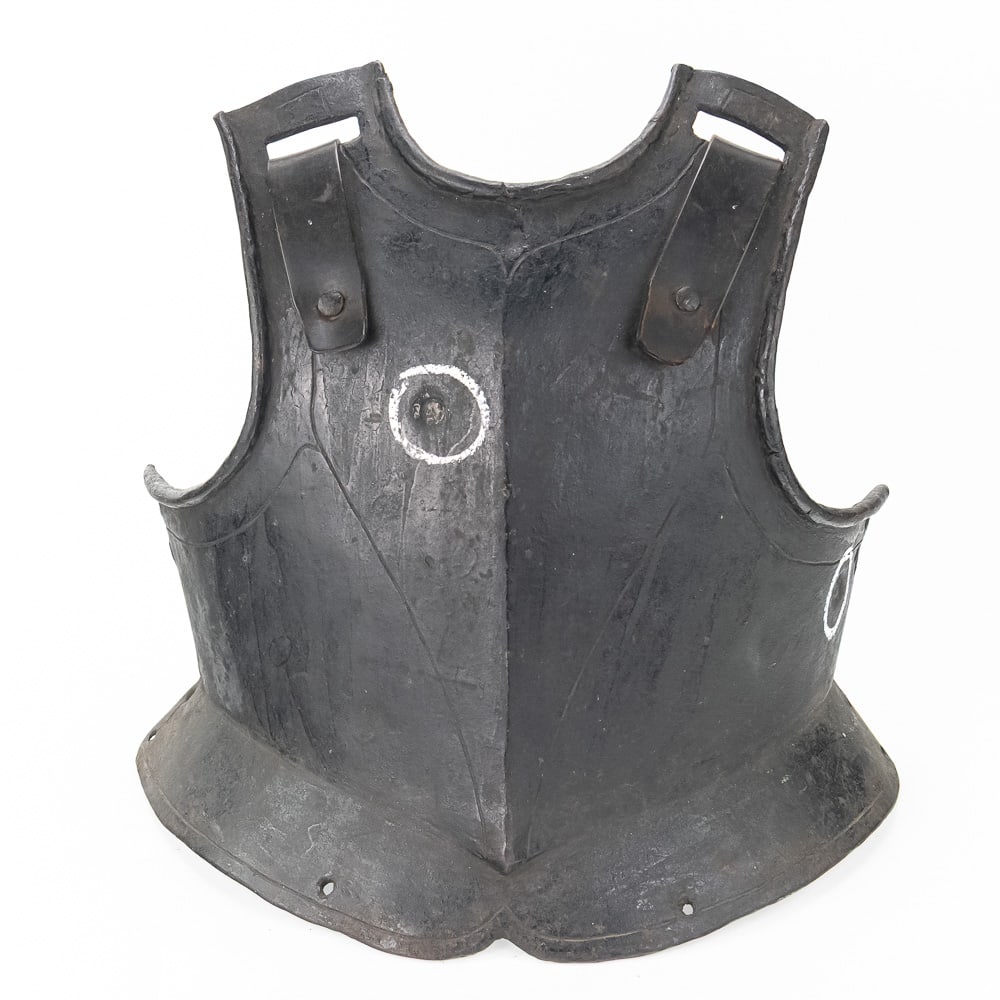English Cromwell Officer Breastplate: This is a fascinating piece of military history, a black-painted iron breastplate identified as a "BULLET PROOF ARMOR" originally issued to English Cromwell officers in the late 1700s. These cuirasses