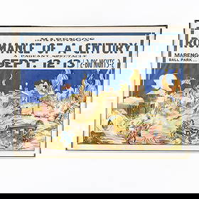 Marengo Illinois Wild West Show Poster: A color lithograph poster for a traveling Wild West Show where the name of the town and date could be changed for wherever they were appearing. The action packed poster features Indians attacking a fo