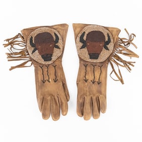Buffalo Head Beaded Leather Gauntlets - Pair