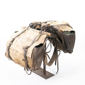 Late 19th C Leather & Canvas Double Pack Saddle