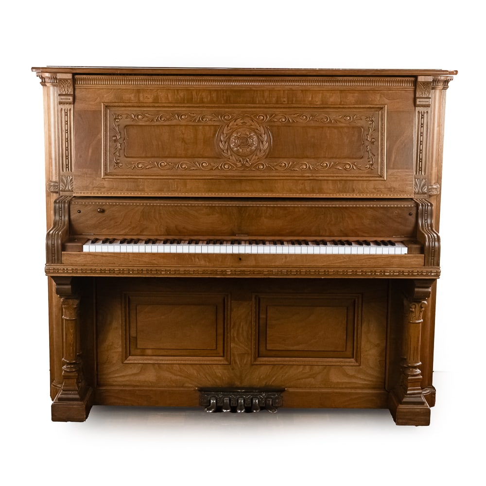 RARE! 1905 Wing & Sons Pedal Upright Grand Piano: 1905 Wing & Sons 5 Pedal Upright Grand Piano Type 29, in walnut case with older restoration. Pedal 1 - louder, Pedal 2 - soft, Pedal 3 - even softer, Pedal 4 - mandolin, Pedal 5 - ragtime, honky tonk.