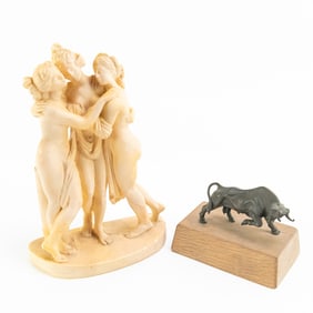9" The Three Graces & Mini Bull Bronze Statue