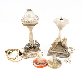Mismatched Pair of Vintage Alabaster "Bird" Lamps