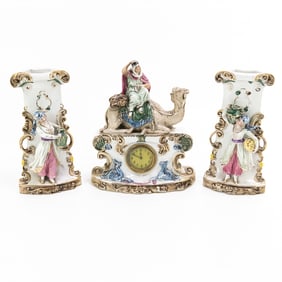 Vintage German Porcelain Bisque Clock & Vase Set