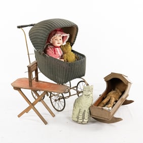 Vintage Wicker Buggy/Mohair Teddy Bears +