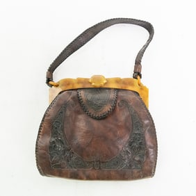 1920s Tooled Leather Handbag w Bakelite Frame +