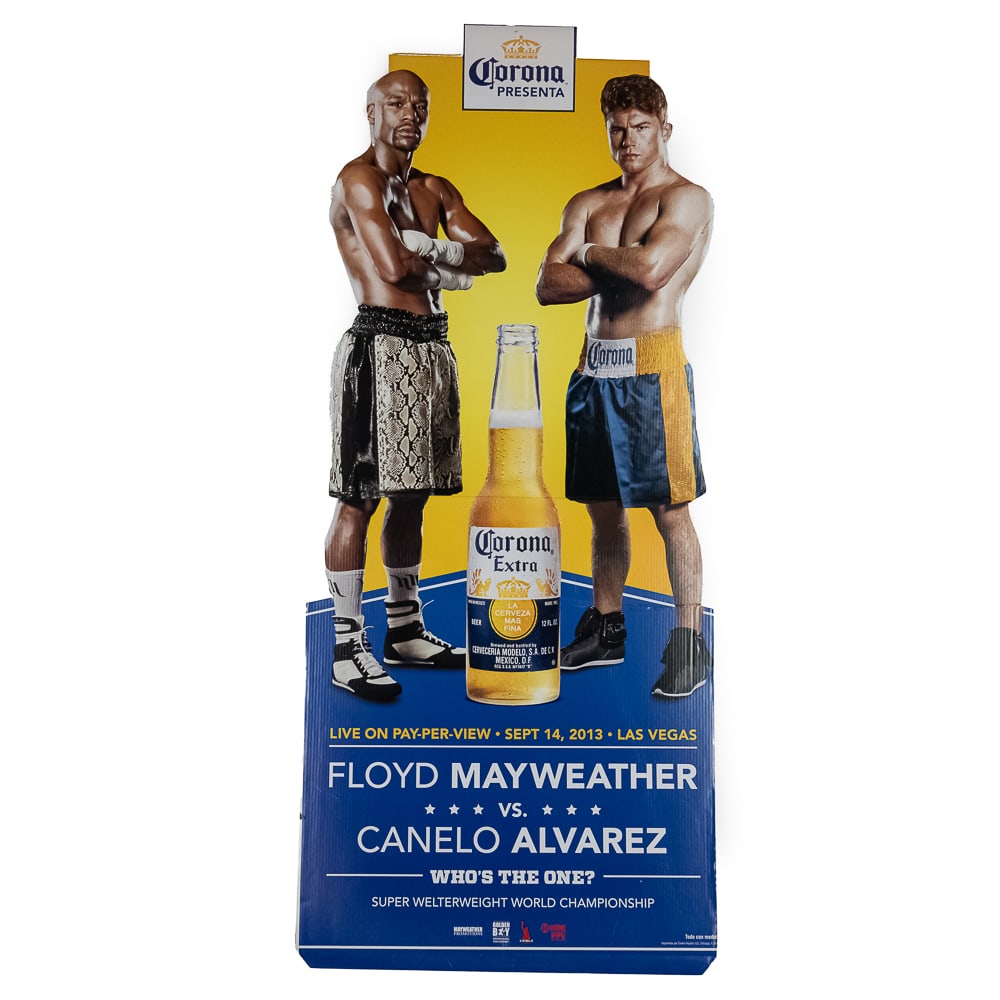Mayweather vs Canelo Alvarez 75" Standee Display: Canelo Alvarez vs Floyd Mayweather Boxing Fight Promo Corona 75" Standee in very good overall condition, minor cosmetic imperfections. Perfect addition to your man cave. Please use photos to judge con