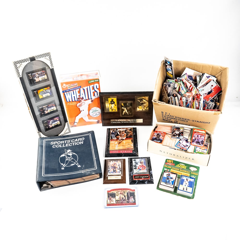 1996 Upper Deck Bulls 70 Game Win Die Cut LE &More: Collection includes 1996 Upper Deck limited edition 10194/14300 70 game winners die cut jumbo card, Mark Mcgwire Wheaties 70 hr box, (5) assorted pieces of sports wall art including 19" Nascar, Jeff G
