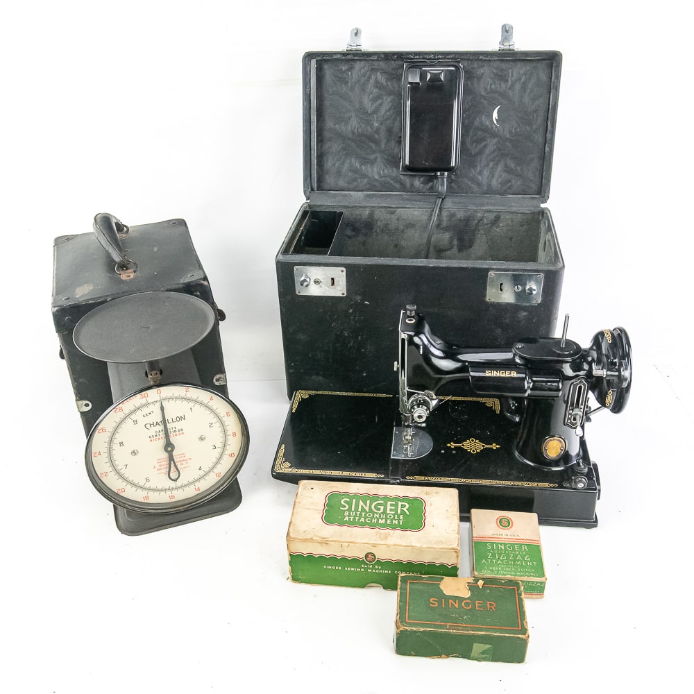 40s Singer Featherweight 221 & Chatillon Scale: 1940 Singer Featherweight 221 vintage sewing machine showcased inside original travel case along with attachments still inside original boxes' box is 11"t x 8"d x 14"l along with 9" Chatillon 30 lbs c