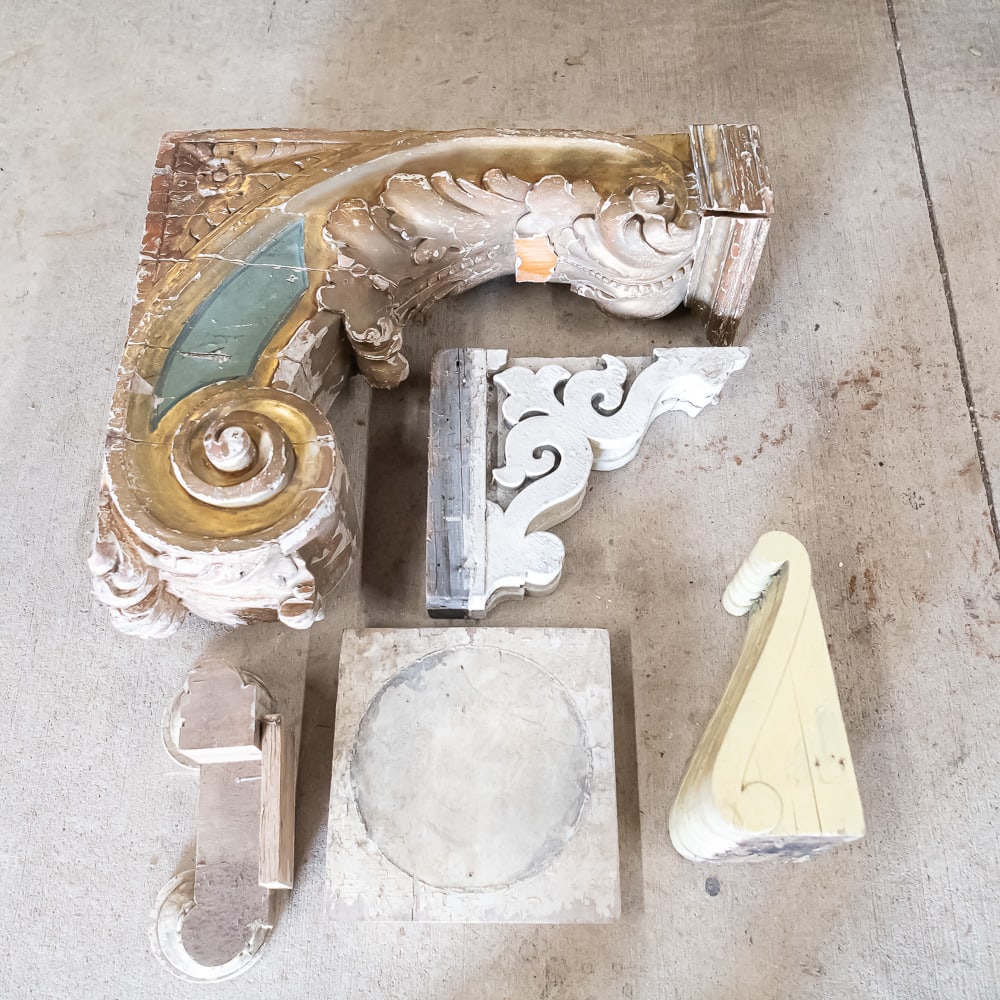 Carved Wooden Pedestal Bases & Corbel Pieces: Collection features stunning hand carved French floor pedestal base (29"t x 24"d x 10"l), Pair of hand carved corbel ( ornate white13"t x 16"d x 4"l) & (13.5"t x 6"d x 8"l) along with 12.5 square wood