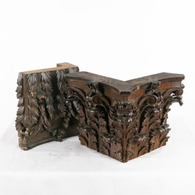 (2) Lrg Hand Carved Wood Column Toppers