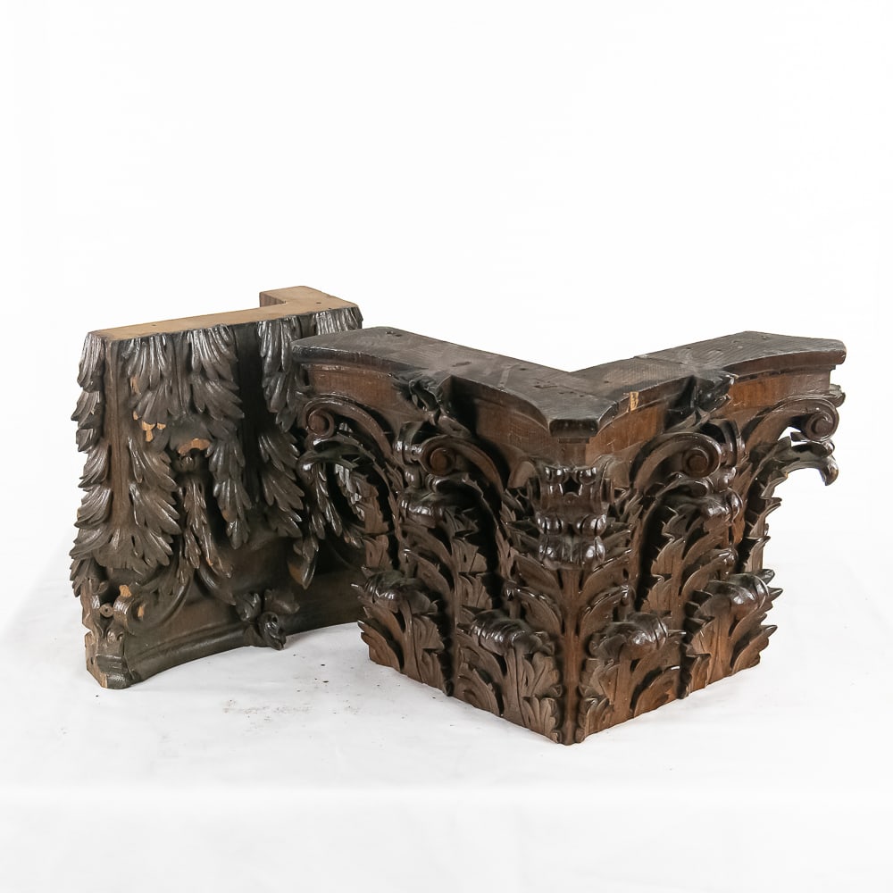 (2) Lrg Hand Carved Wood Column Toppers: Lot of 2: These extremely detailed column capitals, toppers originally came from the J. Paul Getty mansion from the 2nd floor ballroom in Louveigne, Belgium. The mansion was torn down and the complete