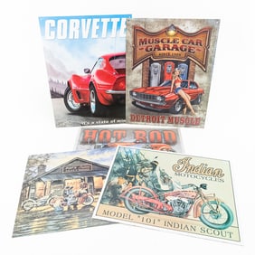 (5) Assorted Car & Motorcycle Themed Metal Signs