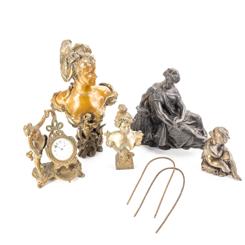 Collection of Bronze Bust Sculptures & More: Collection showcases 10.5" Victorian Lady bronze bust sculpture, New Haven USA mantle clock movement (working), 6" Art Noveau French patinaed bronze bust sculpture, 7" impressive ornate bronze Putti A
