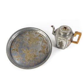 Chinese 6.5" Pewter & Brass Inlaid Teapot & Tray