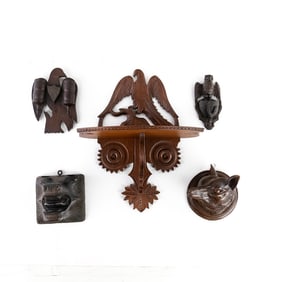 Assortment of Carved Wooden Wall Art & Shelf