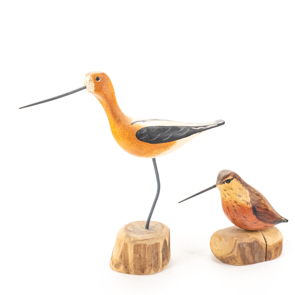 Jim & Patty Slack Avocet & Woodcock Carved Decoys: Jim & Patty Slack 12.5" hand carved Avocet shorebird & 6.5" hand carved Woodcock decoys. Present very well and in very good overall condition; each signed on bottom side. Perfect addition to your coll