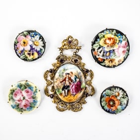 Antique Hand Painted Figural Gold Tone Brooches