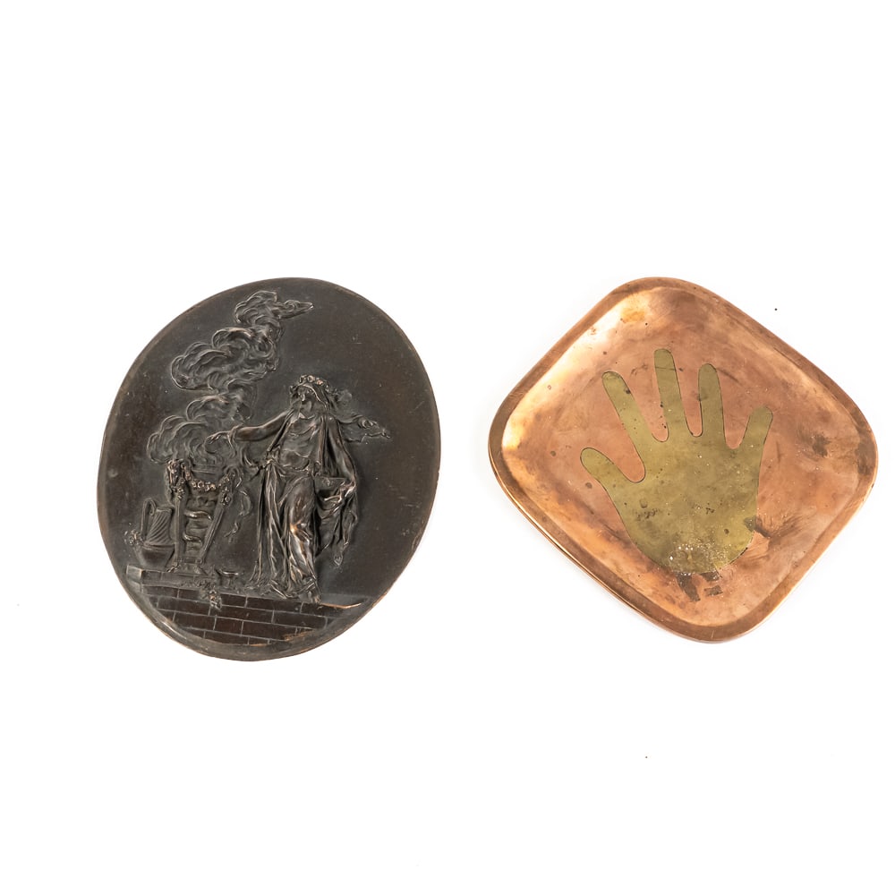 Los Castillo Copper Brass Tray & Neo Classical: Collection features Los Castillo Mexico MCM Taxco 6" copper metal tray perfectly accented with centralized brass hand along with 7.5" contemporary rendition of an oval Clodion high relief Neo Classica