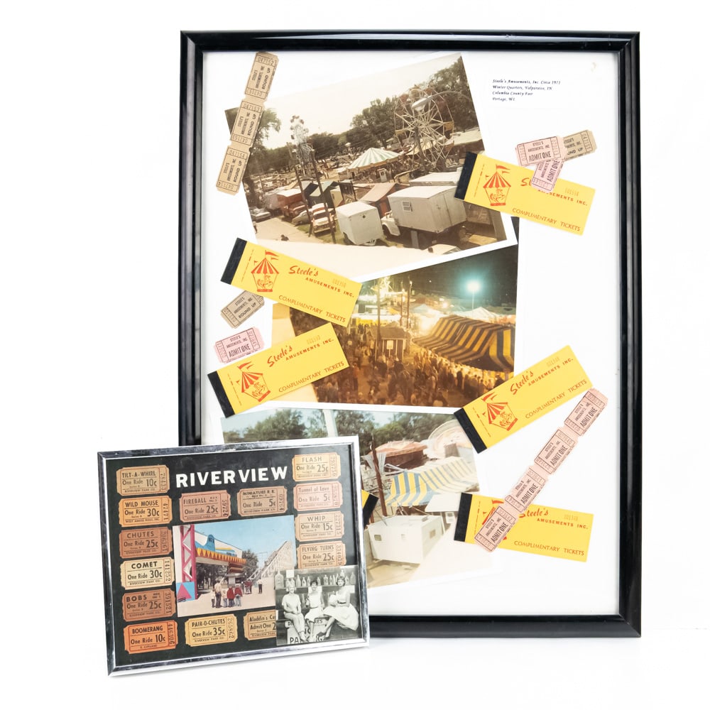 Framed Riverview & Winter Quarters Park Collages: Collection features a 25"t x 19"l framed collage showcasing vintage photos & tickets from 1970s "Winter Quarters" by Steele's Amusement Inc along with famed 8.5" x 10.5" collage showcasing vintage Riv