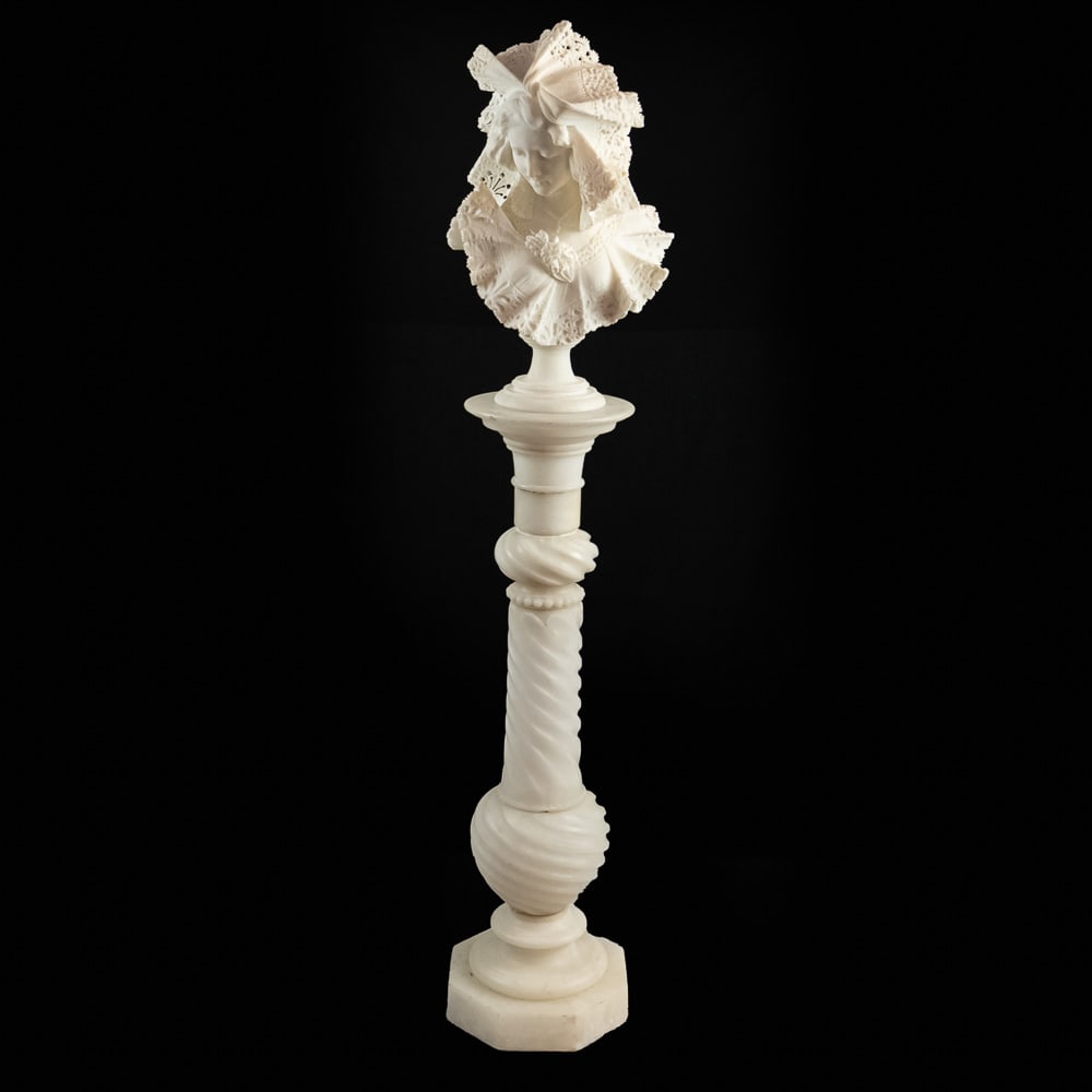 Italian Marble Lace Bust on Pedestal