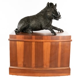 Large Reclining Bronze Boar on Custom Stand
