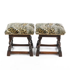 (2) Victorian Revival Leopard Print Accent Stools