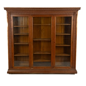 Antique Carved Oak Triple Door Bookcase