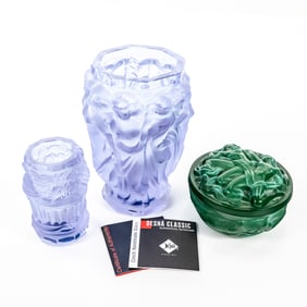 Art Deco Czech Vases & Malachite Jade Jewelry Box