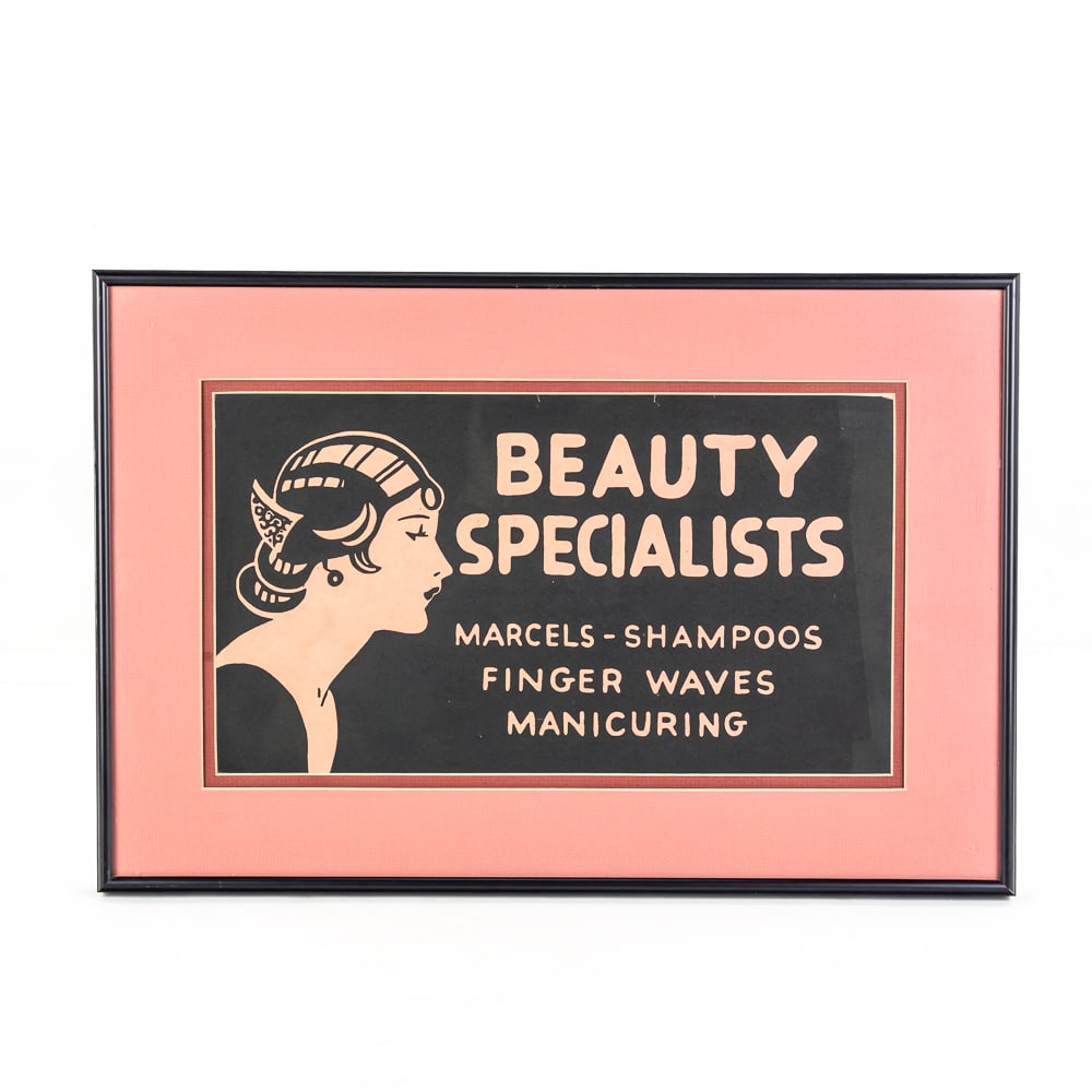 Vintage Art Deco Salon Services Sign: This distinctive vintage advertising sign highlights the specialized services of the Jazz Age salon, listing "Marcels - Shampoos, Finger Waves, Manicuring" in bold peach typography against a black gro